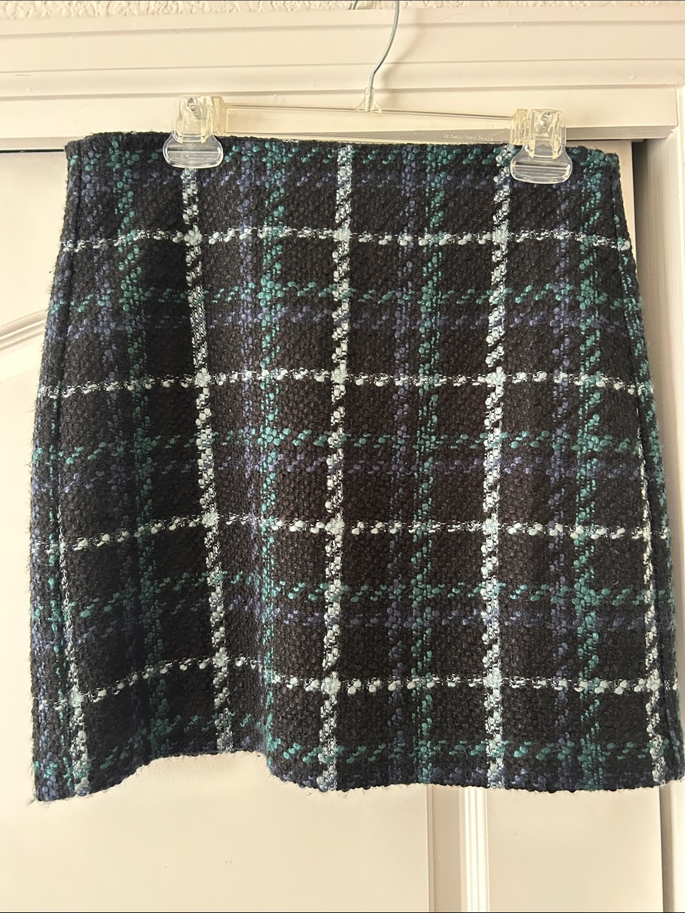 LOFT Black Plaid A-Line Tweed Mini Skirt with Teal and Light Blue Accents